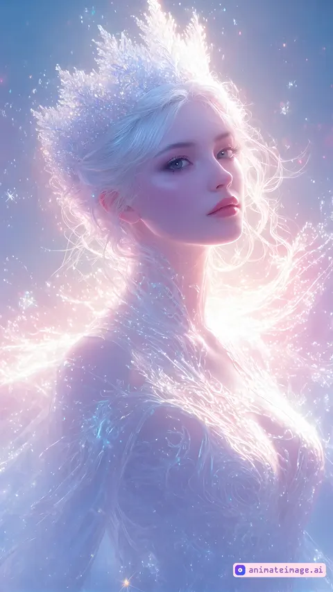 Ice queen with white hair in glowing particles