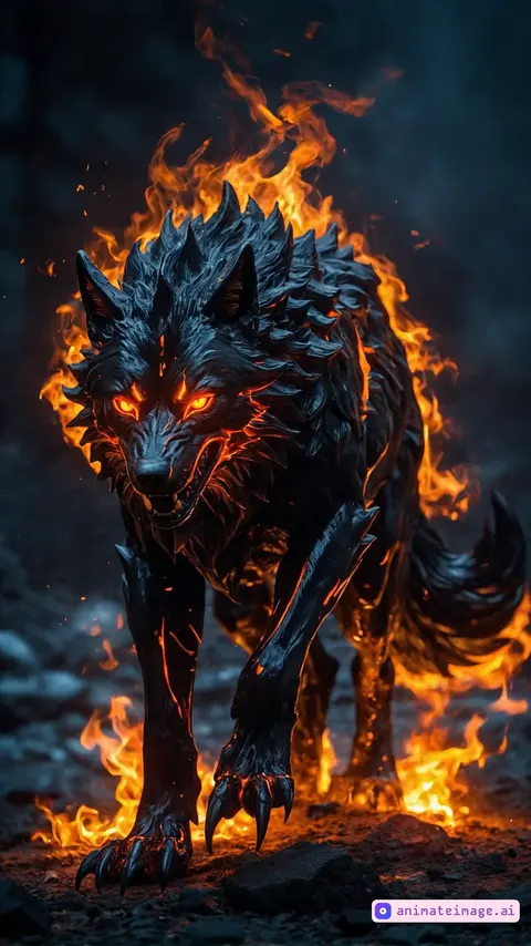 Create a video showcasing a powerful wolf-like creature, formed from obsidian and ember. Its sleek, jet-black fur glimmers like smooth glass, with fiery embers flickering beneath the surface, creating an eerie, molten glow. The creature moves with primal grace, its molten orange eyes burning with intense fury. As it moves, molten lava flows across its body and leaves scorched marks wherever its claws and paws step. The obsidian claws and fangs gleam with a volcanic shine, reflecting the flickering flames around it. The atmosphere around the creature is dark and heavy, thick with smoke and embers. The ground beneath it cracks, releasing fiery eruptions and sporadic bursts of volcanic energy. The video should emphasize vibrant, complementary colors to contrast between the glossy, black obsidian and the vibrant, fiery embers, creating a charged atmosphere of raw energy and destruction. The wolf-like creature’s steps should leave traces of scorched earth, and occasional eruptions of lava should punctuate its movements