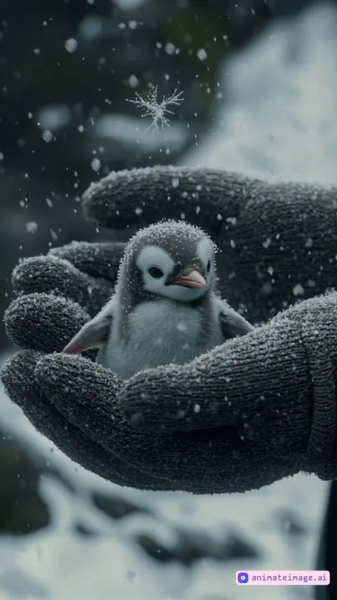 The person holding the tiny baby penguin gently lifts a tiny piece of shrimp toward its beak. The penguin sniffs it before slowly nibbling at the edge, its beak making delicate little movements. The camera zooms in tightly to capture the soft, intricate eating motion.