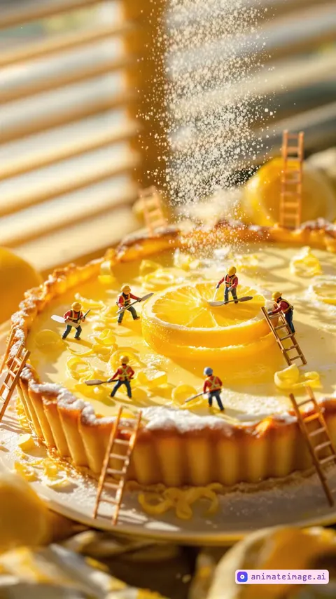 Professional food photography of a lemon tart with tiny construction workers building it. Camera slowly zooms in on workers performing specific tasks: placing thin lemon slices in circular pattern, dusting powdered sugar with miniature tools, carrying lemon zest in tiny wheelbarrows, and measuring perfect spacing with tape measures. Workers in orange and blue uniforms with safety vests collaborate purposefully. Golden sunlight streams through window blinds, creating warm highlights on the glossy tart surface. Tilt-shift effect keeps workers in sharp focus while background elements gradually blur as camera moves closer. Yellow gingham cloth and scattered lemons on wooden surface frame the scene.