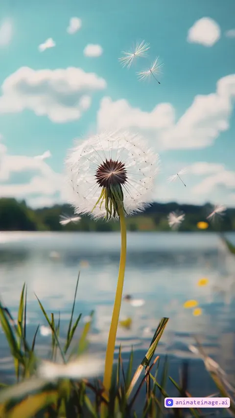 A strong wind bends the dandelion towards the ground, its delicate stem curving under the pressure. The white, feathery parachutes detach from the seed head in waves, scattering chaotically into the stormy air. The scene is filled with motion—grass sways violently, and the dark, turbulent clouds shift dynamically in the background. Individual seeds spiral and tumble unpredictably, caught in powerful gusts. Natural and realistic motion.showcases **natural and realistic motion.**