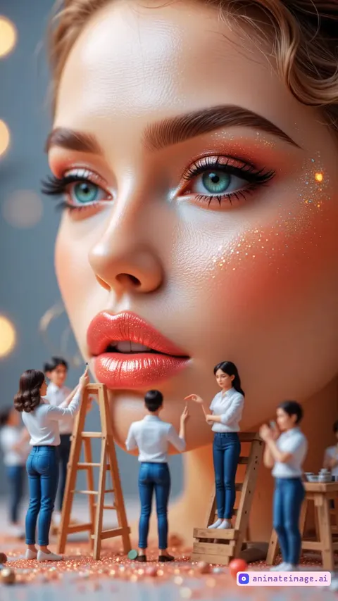 A close-up of a beautiful woman's face with coral eyeshadow, defined eyebrows, and glossy lips, where miniature artists in white shirts and blue jeans work as makeuping girls face, move with precision, each one focused on their task, their movements look natural and correct while adding intricate details. The woman expresses delight and at the same time enjoys the process, she smiles shyly, her emotions are calm and peaceful. She blinks every few seconds Smooth and stable shooting. One artist climbs a wooden ladder to perfect her coral lipstick while others stand on platforms applying shimmer to her cheeks. Some mix pigments at small tables while others carefully place gold sparkles around her turquoise eyes. Every movement is smooth and synchronized, creating a seamless rhythm of teamwork and precision. Smooth, stable camera movement captures the intricate work. Ultra-detailed, 8K resolution.the camera rotates around the subject