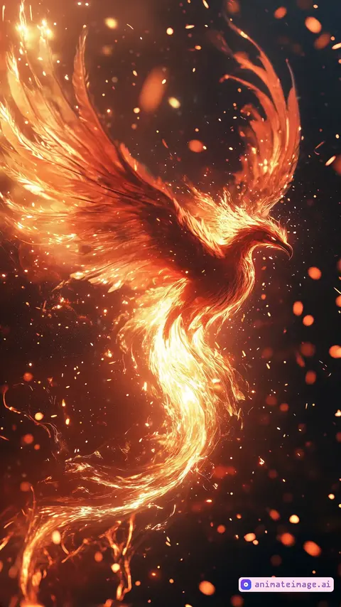 phoenix bird flapping its wing slowly around a spark of fire