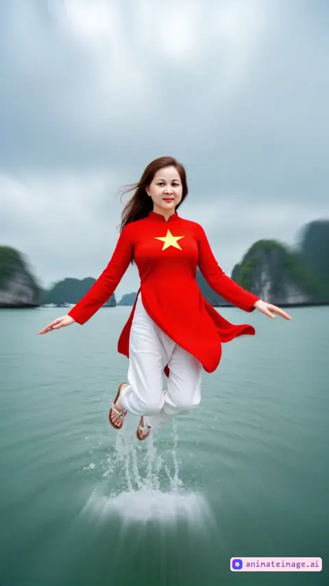 Create a high-speed video of a young Vietnamese woman wearing a traditional red long dress and yellow star in the chest , gliding gracefully at high speed across the surface of the water. Her long dress flows dynamically in the wind, while her white pants ripple as she accelerates. The camera pans over the scenic backdrop of Ha Long Bay with its towering limestone karsts and calm waters. As she speeds through, the wind lifts her attire in a captivating display of motion. Camera always capture the woman in the middle of the screen until the end of video. the camera follows the subject moving