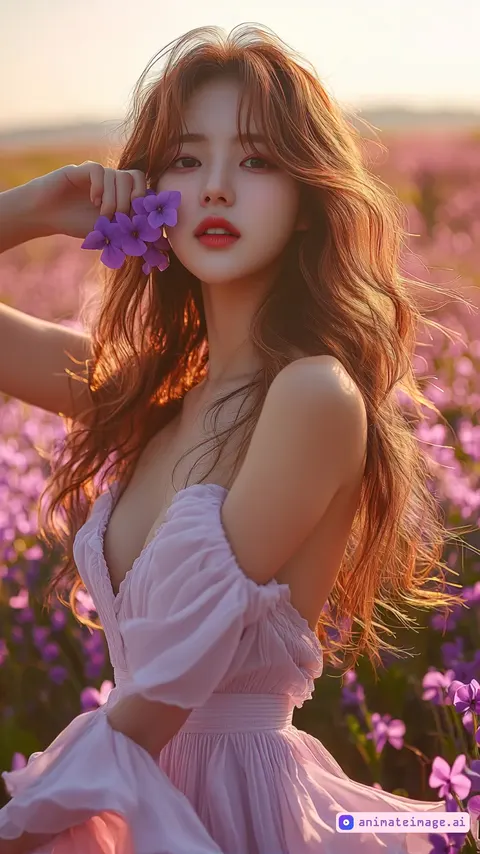 A photorealistic video of a young Korean woman with long, wavy brown hair, wearing a light pink off-shoulder dress with puffy sleeves that flutter gently in the breeze, standing in a vibrant Korean spring lavender field filled with purple flowers and green grass, transitioning smoothly over 5 seconds. She begins standing still, facing the viewer with a poised, professional model-like stance—chin slightly lifted, shoulders relaxed, and hips subtly angled—holding a bouquet of purple lavender flowers close to her face, her eyes partially closed in a serene, dreamy expression, her natural pink lips softly parted. As the scene progresses, she maintains her elegant posture but her expression shifts subtly—her dark brown eyes slowly open, revealing a gentle, confident smile, her gaze locked on the camera with a professional, captivating look that reflects deep appreciation for the landscape. Her hair swirls softly in the wind, strands catching the golden sunlight, and her dress flows delicately with the breeze. Simultaneously, the surrounding purple lavender flowers and green grass sway rhythmically in a gentle breeze, their delicate petals and stems bending softly, with a few petals drifting lightly through the air. The camera holds a steady close-up on her face, gradually zooming out at a slow, consistent pace to reveal the lavender field, with distant hills and a clear blue spring sky with soft white clouds, bathed in warm golden hour lighting. The video lasts 5 seconds with a seamless, natural flow, maintaining consistent character appearance, no abrupt camera or motion changes, no text or distortions.