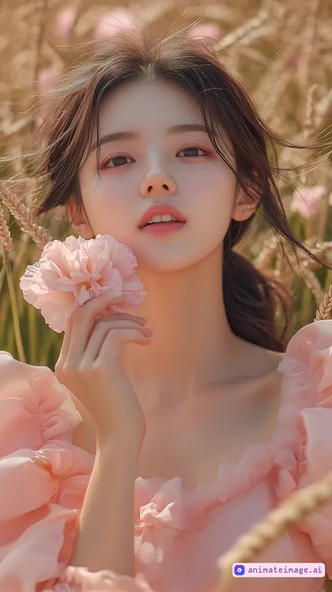 A video of a young Korean woman standing in a spring meadow, her long brown hair tied in a ponytail flowing gently in the breeze. She faces the camera with a soft smile, holding a pink flower close to her face. She slowly tilts her head slightly forward, then lifts it back to its original position, her expression shifting into a bright, warm smile, her eyes sparkling with joy. Her ponytail sways softly in the wind, and the flower she holds moves gently with the breeze. The surrounding flowers and grass sway rhythmically, with petals drifting lightly through the air. The camera remains completely fixed, maintaining a steady focus on her face and upper body.