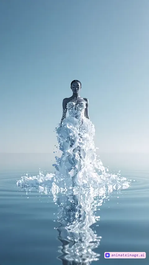 A stunning dark-skinned woman with elegant white makeup steps gracefully across the surface of a vast, mirror-like body of water. Each movement is slow and deliberate, her bare feet causing gentle ripples to expand outward. She moves with an ethereal presence, untouched by gravity, as if she belongs to the water itself.Her dress, entirely made of water, flows and churns around her, maintaining its elegant shape while constantly shifting. The liquid fabric bubbles, swirls, and cascades like a living entity, forming intricate rippling patterns that dissolve into droplets before seamlessly reforming. With each step, the dress reacts—splashing lightly at the hem, sending shimmering tendrils of water upward, yet always returning to its sculpted form.The camera follows her fluidly, keeping a soft cinematic focus on her movements. Occasional slow-motion sequences highlight the transformation of the water, as parts of the dress briefly separate into floating orbs before merging back into flowing waves. The golden sunlight refracts through the liquid, casting prismatic highlights across her body, while the vast, open sky blends seamlessly with the endless reflective surface beneath her feet.Captured in 8K UHD HDR, Sony A7R IV, 50mm f/1.2 lens, cinematic slow-motion, ultra-realistic liquid physics, volumetric lighting, and dynamic motion tracking."