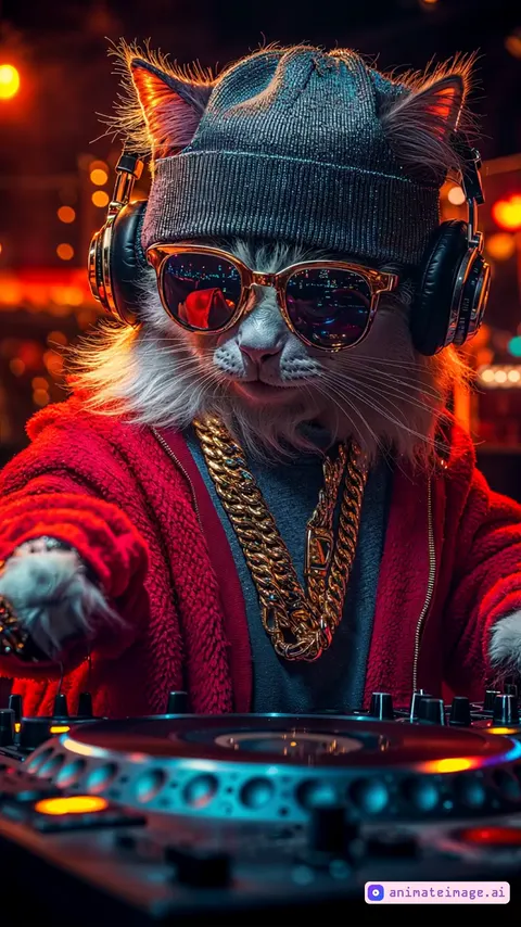 A Cat DJ mixes music in a disco in a crazy atmosphere.