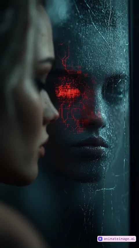 sad woman looking at a rain-covered glass window, looking at her distorted reflection. The reflection is glitching—half their face turns into pixels, cracks form in the glass like spreading veins.handheld device filming