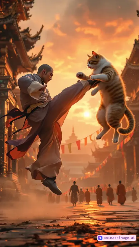 A high-energy action scene set in a traditional temple courtyard at sunset. The camera follows a fast-paced, dynamic fight between a Kung Fu master and a large, agile cat. The master delivers a spinning high kick, countered by the cat's aerial backflip and a powerful paw strike. Dust rises from the stone floor with every move, while the vibrant sunset casts long shadows and a golden glow over the combatants. The camera alternates between close-ups of intense expressions and wide shots of the fight choreography. The atmosphere is dramatic, intense, and playful with seamless, fluid movement.