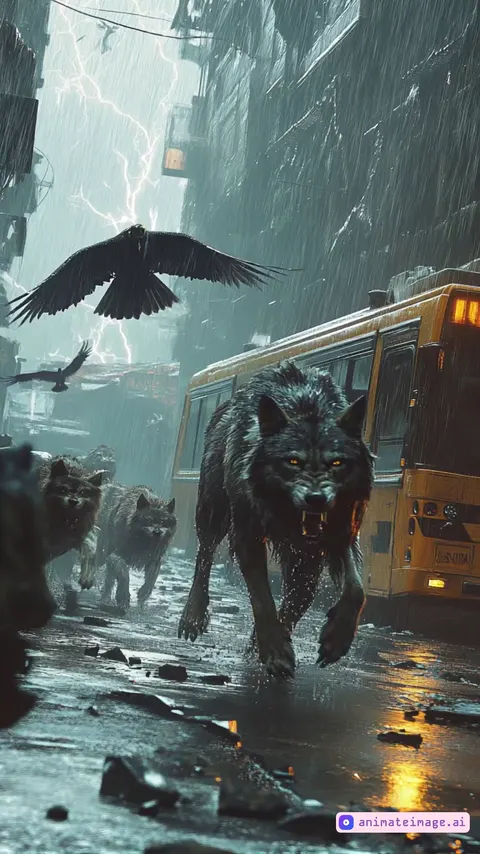 An intense, ultra-realistic cinematic video sequence depicting predators ruling a dystopian cityscape, rendered in stunning 8K resolution with natural lighting, HDR, and hyper-detailed textures. The scene opens with a wide shot of a rain-soaked, abandoned city, where a pack of wolves, led by a massive alpha, charges through the flooded streets. Their fur glistens with water droplets, and their breath is visible in the cold, stormy air. The camera tracks alongside the wolves, capturing their dynamic movement and the splashing of rain as they run.In the background, a tiger leaps onto an overturned bus, its muscles rippling with power as it lands with a thunderous impact. Birds of prey circle above, silhouetted against a stormy sky illuminated by occasional lightning strikes. The camera pans upward to reveal the scale of the scene, with the city in ruins and the sky dominated by swirling clouds and flocks of birds.The atmosphere is electric, with rain splashing dynamically and reflections bouncing off shattered glass and puddles. The video transitions to slow-motion shots of the alpha wolf snarling, water droplets flying off its fur, and the tiger’s piercing gaze as it surveys its domain. The sequence ends with a dramatic aerial shot of the city, now fully overtaken by nature and predators, as lightning cracks across the sky,the camera zooms out