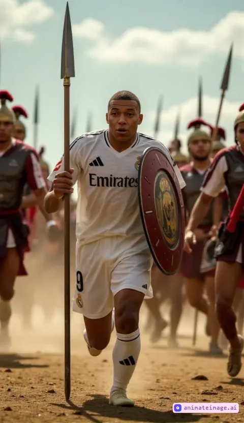 the man in white is running while holding the spear and the shield. He is running with his army. They are all running in fast speed. Fast motion. Camera stays on the man in white.