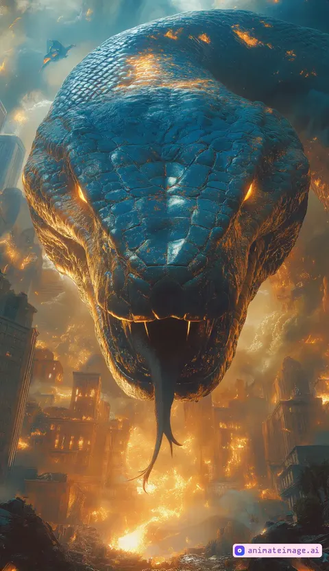 A massive, dark-scaled serpent with glowing golden eyes slowly slithers through the ruins of a burning city. Its head moves subtly, scanning the destruction below while its forked tongue flicks in and out. The cityscape is engulfed in fire and smoke, with embers floating in the air. The serpent's movements are slow and menacing, emphasizing its immense size and power. Occasionally, small pieces of debris fall from crumbling buildings, adding to the chaotic atmosphere. The camera focuses on the serpent’s head, showing its sharp fangs and detailed scales reflecting the fiery glow of the city.