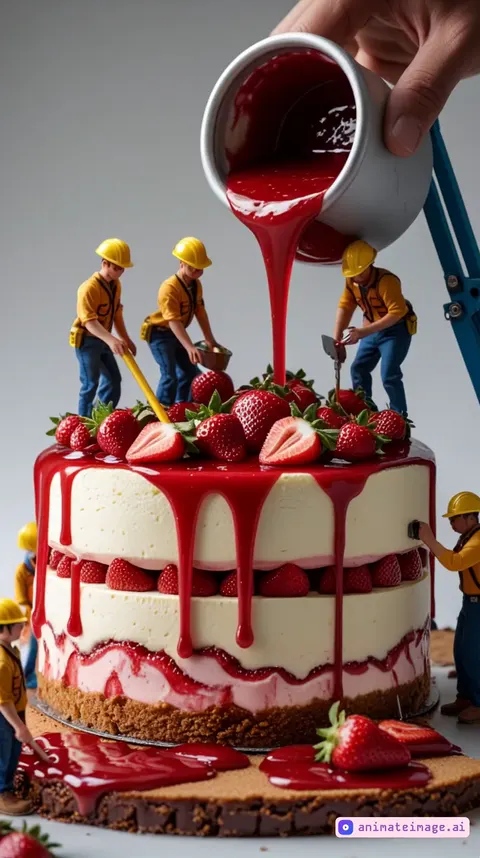 Create a realistic animation where tiny construction workers are actively building and decorating a cheesecake. The excavator pours fresh strawberry sauce smoothly, while workers spread it, place strawberries, and refine the cake’s edges. Some climb ladders, others work on the sides. The movements are natural and steady—neither too fast nor slow—capturing a lively but realistic construction process.