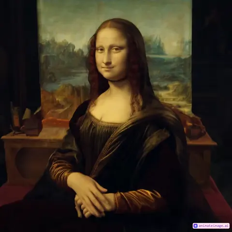 The Mona Lisa gets up and begins to parade on the catwalk ending with a pirouette. Around the catwalk the audience is composed of Renaissance painters who excitedly wave their brushes and palettes of colors.