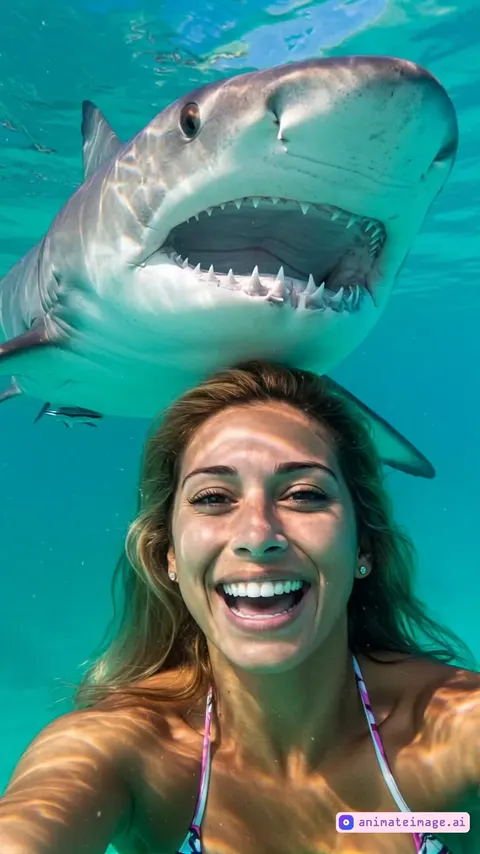 a shark comes to a lady. she pets im. hug and kiss himusing one hand that is behind a shark