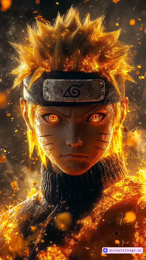 A highly realistic close-up of Naruto, his intense gaze glowing with fiery energy. His spiky hair moves dynamically in the wind, individual strands reacting naturally. His forehead protector vibrates slightly, reflecting the flickering light around him. His eyes blink smoothly, adding realism to his expression. The background is alive with swirling embers and glowing particles, drifting in the air as if carried by an unseen force. A subtle energy ripple pulsates around his body, affecting his clothing and the floating particles. The lighting remains cinematic, casting dramatic highlights on his skin and attire. The camera performs a slow, dramatic zoom while a slight handheld effect adds natural movement. The atmosphere is powerful and immersive, as if he is preparing for an ultimate transformation. The final effect is a highly dynamic, visually striking animation perfect for TikTok and Instagram Reels.