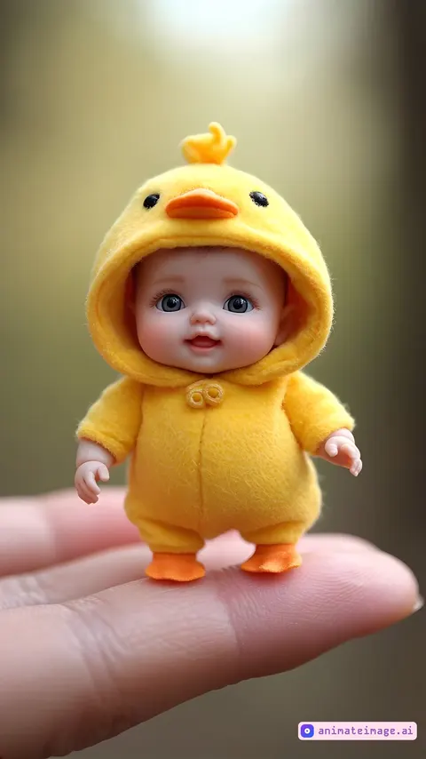 A tiny, ultra-realistic baby girl, no bigger than a fingertip, is standing delicately on a human finger, wearing a soft yellow duck outfit with a hood featuring a cute duck face and a tiny beak. As the camera focuses on her, she begins to dance adorably, moving her tiny hands in rhythm, tilting her head side to side, and blinking her bright, expressive eyes. Her small feet shift naturally, balancing on the finger as she sways and bounces playfully. Her joyful expressions change as she moves, with occasional giggles and subtle body wobbles adding to the realism. The skin texture of the human finger is detailed, with soft, natural lighting making the scene warm and lifelike. The background is gently blurred to maintain focus on the tiny dancing baby, creating a magical yet ultra-realistic moment