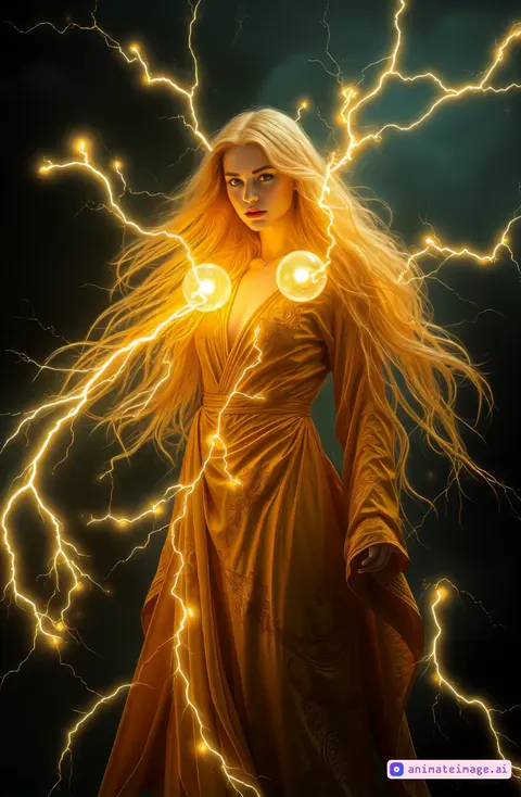 Woman in a yellow dress stands as pale lightning brightens
