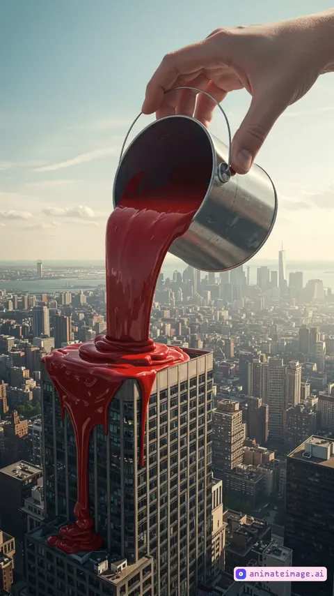 A dynamic, surreal video shot, aerial view, capturing a giant hand pouring red paint from an oversized bucket into a skyscraper. The camera mimics handheld movements, swaying slightly as if filmed with a phone, adding a raw, immersive quality. The paint flows in a mesmerizing, slow-motion cascade, glistening under natural sunlight, while the surrounding city reflects the warm red hues. As the paint lands on the building, it spreads and drips down in a rich, realistic texture.