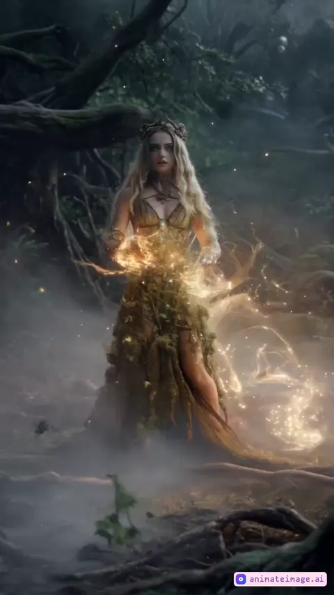 Create a highly detailed, cinematic transformation scene where a beautiful young woman undergoes a magical rebirth, emerging as a mystical forest Mavka. The sequence begins with her standing in a moonlit clearing, surrounded by an ancient enchanted forest. A soft breeze lifts her hair as glowing embers start swirling around her, igniting an otherworldly metamorphosis. Her skin shimmers with golden cracks, revealing luminous patterns of nature’s magic beneath. Her eyes glow with an ethereal green light, and as she spreads her arms, vines and delicate flowers entwine around her body, weaving into a flowing, nature-infused dress. Her hair darkens to deep green, cascading like ivy, and faint bioluminescent markings appear along her arms and collarbone. As the final transformation unfolds, her ears elongate slightly, her expression becomes serene yet powerful, and the air vibrates with an ancient energy. The entire scene is infused with a mystical glow, blending fantasy and realism, capturing the essence of a legendary creature reborn from the spirit of the forest. The environment is cinematic, rich in contrast, with mist rolling through the trees, glowing fireflies dancing around, and an eerie yet mesmerizing soundscape. The final shot reveals her stepping forward with newfound grace, fully transformed into a mesmerizing, untamed Mavka—one with the wild, a guardian of the ancient woods.