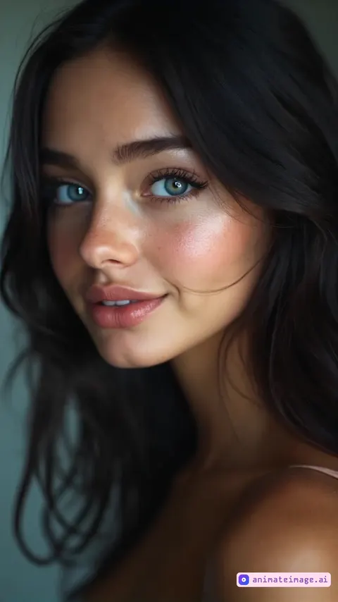 she opens her mouth in slight delighted suprise and leans towards the camera as the camera zooms in on her face.