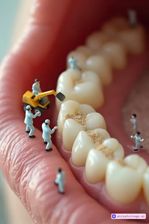 A highly detailed, ultra-realistic cinematic video capturing a surreal micro-world inside a human mouth. Tiny medical professionals in light blue uniforms move slowly and naturally in real time, their movements anatomically precise, as they observe and discuss the situation. A miniature excavator operates meticulously, scooping fine sand from the grooves of the molars with its tiny bucket. As the excavator lifts the sand, small particles naturally shift and fall, behaving according to real-world physics.The texture of the teeth is smooth and glossy, reflecting the soft, diffused lighting inside the mouth. The surrounding gum tissue appears organic and detailed, with subtle movement as the natural moisture glistens. The camera remains perfectly stable, allowing viewers to focus on the intricate interactions between the tiny workers and the environment. Depth of field is shallow, emphasizing the main action while softly blurring the distant parts of the mouth.Shot in 8K Ultra HD at 120 FPS HDR, the video showcases hyper-realistic motion, fluid depth, and an immersive, surreal yet believable atmosphere. The scene is calm yet strangely mesmerizing, inviting the viewer into a hidden microscopic world where medical workers and machinery collaborate in an unexpected setting