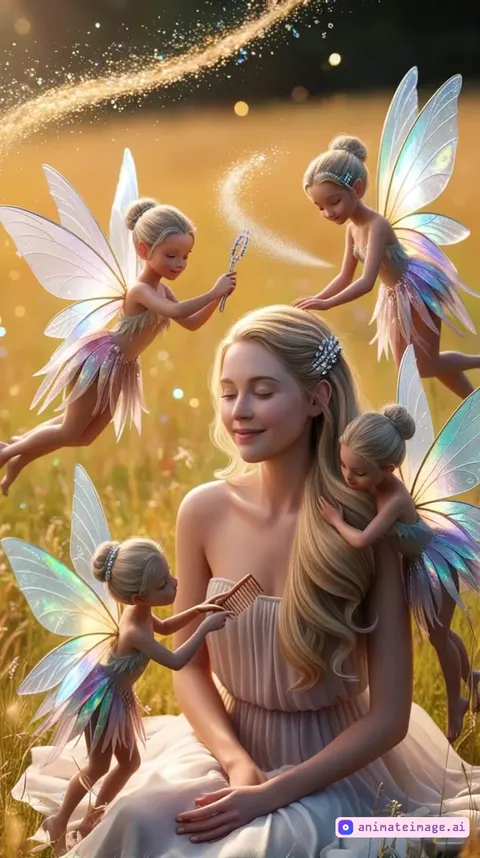 Animation prompt: Continuous hyper-realistic scene of a young woman (25-30) with flowing blonde hair sitting serenely in a sunlit meadow. Tiny, intricately detailed fairy hairdressers perpetually attend to her. Their translucent wings shimmer with dynamically shifting rainbow hues, animated with constant, subtle ripples and flickering. One fairy gracefully spins, embedding a sparkling hairpin with a continuous, sparkling trail. Another gently sprays a near-invisible cloud of flower pollen, causing sunbeams to dance and shimmer across her hair in a constantly evolving pattern. The third fairy carefully combs her hair with a polished quartz comb, each stroke revealing new, delicately flowing strands that continuously shift and sway. The woman’s peaceful expression is subtly animated with gentle smiles and rhythmic breathing. Swirling golden sequins, animated with smooth spins and fluttering, continuously catch and reflect the soft warm light, creating an ever-changing magical and enchanting atmosphere. Core focus: realistic, continuous hair movement, dynamic light, and ongoing fairy activity