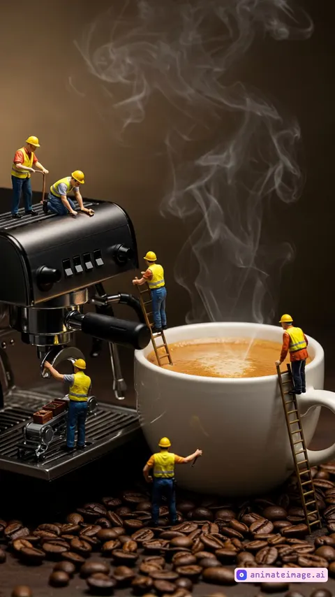 Tiny workers at a giant coffee machine