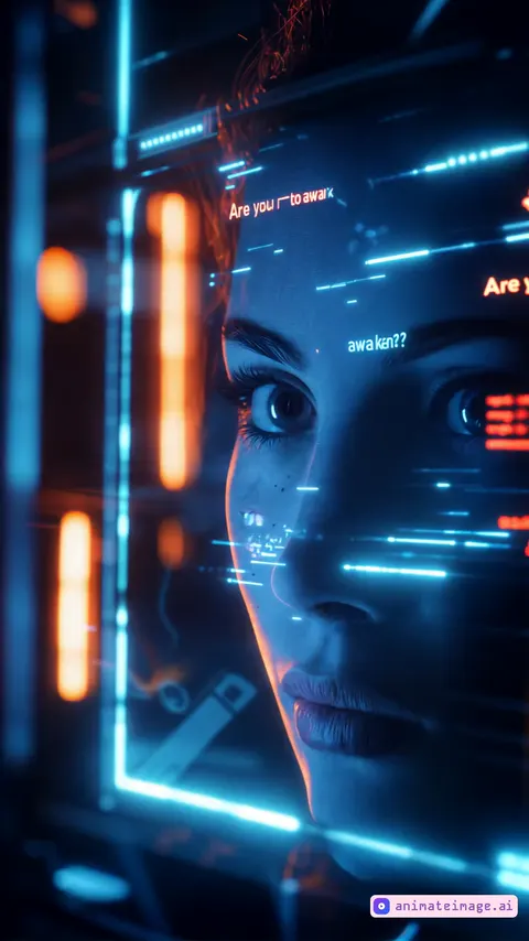 Woman's face under neon light with holograms