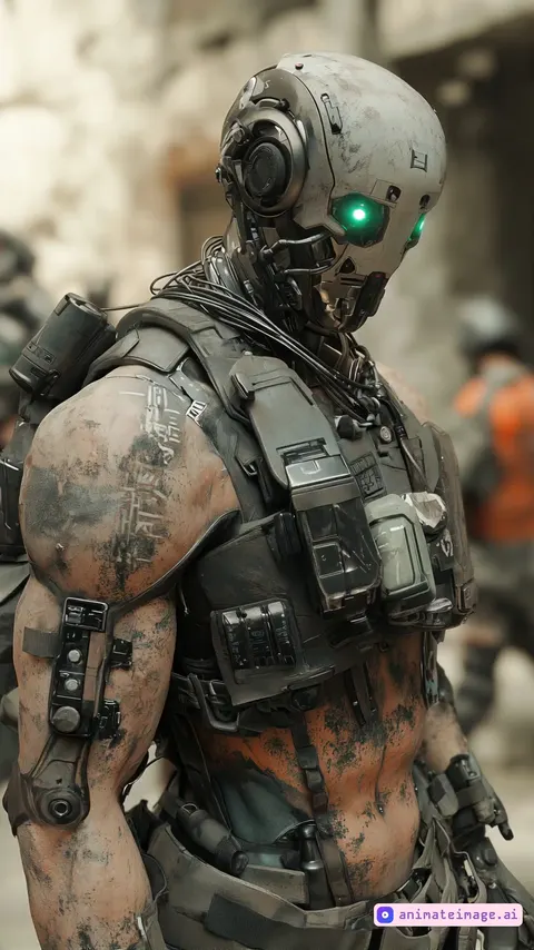 A cybernetic soldier stands amid the ruins of a war-torn city, his mechanical enhancements fused seamlessly with what remains of his human form. His synthetic eyes pulse with a soft green glow, scanning his surroundings. Dust and ash swirl around him as the wind moves through the crumbling structures. The soldier flexes his enhanced limbs, revealing intricate mechanical joints and bio-augmented muscles. Sparks flicker from exposed wiring as he adjusts his tactical gear, his battle-worn armor caked in dirt and dried blood. Other augmented soldiers move in the background, their forms a blend of man and machine, survivors of a war that erased the line between flesh and metal.