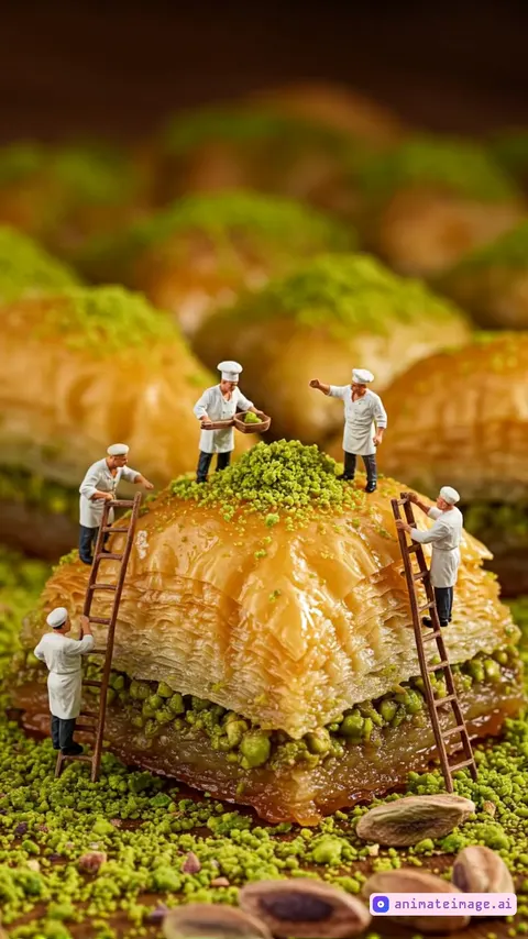 based on my uploaded baklava image, featuring miniature chefs performing realistic and logical actions as they decorate the pastry. Have one chef brush syrup onto the baklava, another sprinkle finely ground pistachios, and others climb ladders to carefully adorn each layer. Their movements should be slow, smooth, and cooperative, giving the impression of a real team at work.