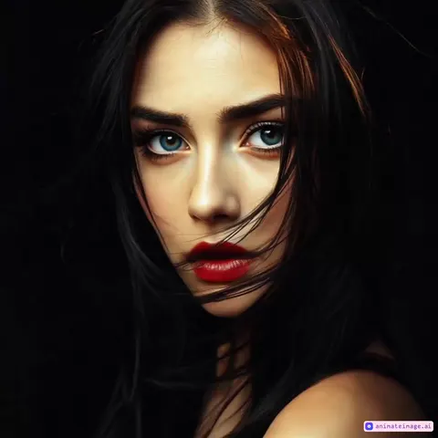 Woman with blue eyes and swaying hair
