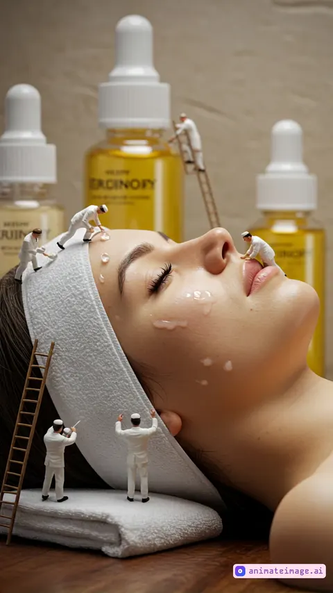 Tiny Men Giving a Giant Facial Massage,the camera is stationary