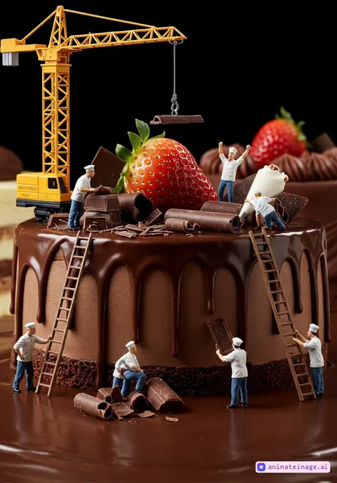 Tiny workers at work on a giant cake