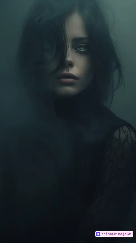 Her expression remains mysterious, as if she knows something the viewer does not. The wind blows her hair like a hurricane. The mist thickens, distorting the background while her sharp, glowing eyes remain in focus on the camera and the camera turns with the cameras movement, never breaking contact with the camera. The camera pulls back, then rotates around anti clock wise the subject.