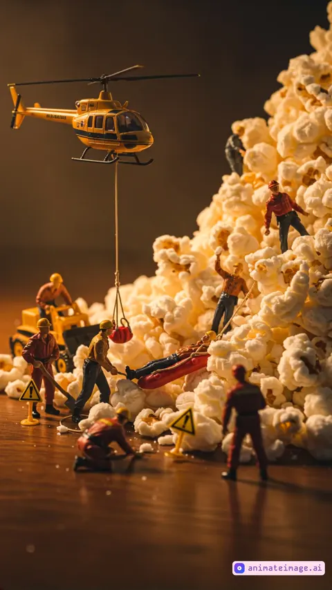 Rescuers are rescuing a person hit by popcorn. Heligopter flies around, too.