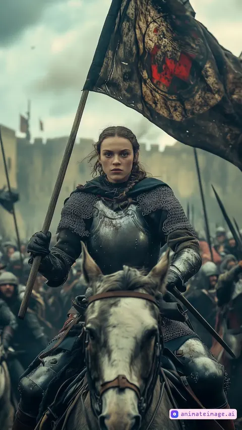 Scene from a historical documentary: Joan of Arc raises battle standard on horseback. Camera tracks alongside her determined face. Background shows French soldiers advancing toward Orléans fortress amid smoke and artillery fire.