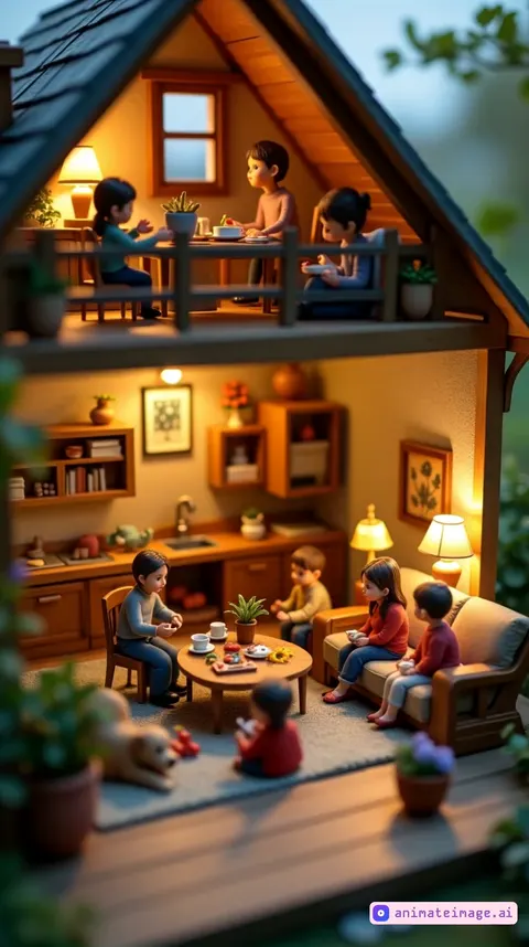 A hyper-realistic, macro-photography-style depiction of a miniature house with a warm and lively atmosphere. Inside, tiny residents are happily going about their daily lives, creating a cozy and inviting home. Some are gathered around a dining table, sharing a meal and enjoying conversation, while others relax on a comfortable sofa, reading books or watching television. Children play with toys on a soft rug, and a pet lounges by the fireplace, adding to the warmth of the scene.The house is detailed and realistic, featuring beautifully furnished rooms with tiny decor elements like framed pictures, houseplants, and glowing lamps. In the kitchen, a resident is preparing food, while another sets the table with miniature plates and glasses. Upstairs, a resident looks out of a tiny window, sipping coffee and enjoying the view