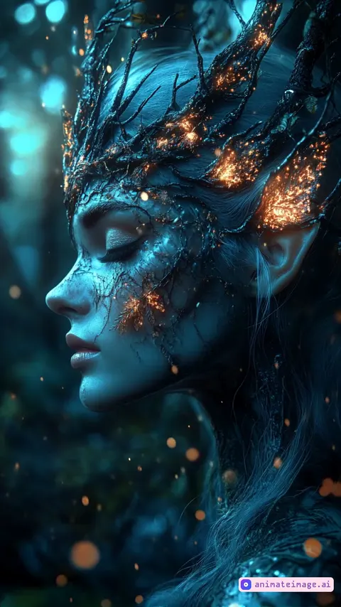 forest queen open her eyes. veins are magically glowing. the camera is stationary