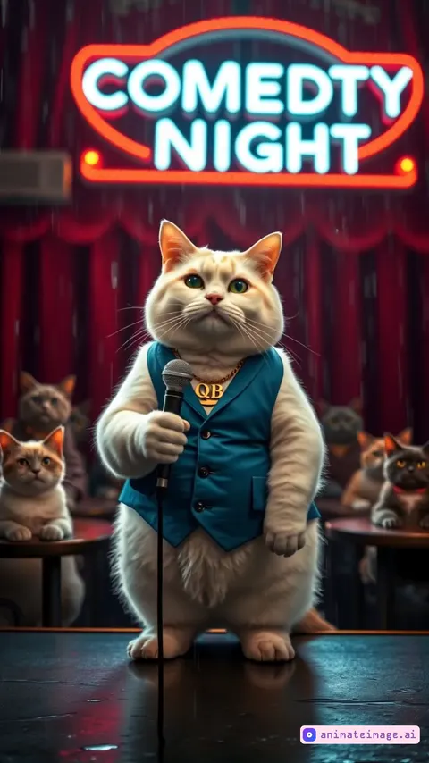 QibaCats, a realistic fat cat in white and wearing a blue vest, blue eyes and a gold necklace with the initials QB, stands confidently on the stage of a small comedy club, holding a small microphone in his fluffy palm. His blue eyes sparkle mischievously, and his signature grin suggests that he is about to tell the funniest joke of the night. Behind him, a brick wall with a neon sign for “Comedy Night” glows softly, casting a warm and cheerful light over the entire scene. A spotlight shines directly on him, emphasizing his outsized personality. The audience, a mix of other realistic cats, some laughing, some wide-eyed with anticipation, sit at small round tables with drinks and snacks. QibaCats’ posture is relaxed yet confident, his bushy white tail wagging slightly as he delivers his jokes. The club is filled with a comfortable and lively atmosphere, with faint laughter, applause, and the occasional meow of delight. The scene captures the perfect balance of humor, charm, and the feel of a classic and very realistic comedy club.