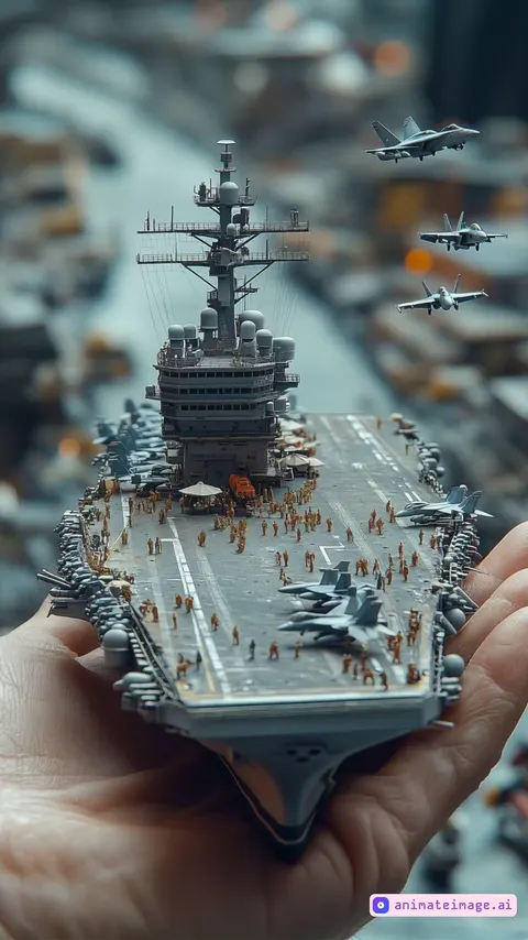 Ultra-realistic cinematic close-up of a highly detailed miniature U.S. aircraft carrier resting in the palm of a human hand. The camera slowly zooms in, revealing tiny but lifelike crew members working on the deck, servicing jets, signaling pilots, and preparing for takeoff. Fighter jets take off from the carrier’s runway, while others land smoothly with arresting hooks engaging. The aircraft move with precise and natural physics, leaving behind subtle motion blur and heat distortion. The camera shifts angles dynamically, capturing breathtaking perspectives of the carrier, crew, and jets in action. Hyper-detailed textures, accurate proportions, realistic lighting, and depth of field create a visually stunning effect. The ambient sound of jet engines, crew chatter, and ocean waves enhances immersion. Masterpiece, cinematic, National Geographic-style realism