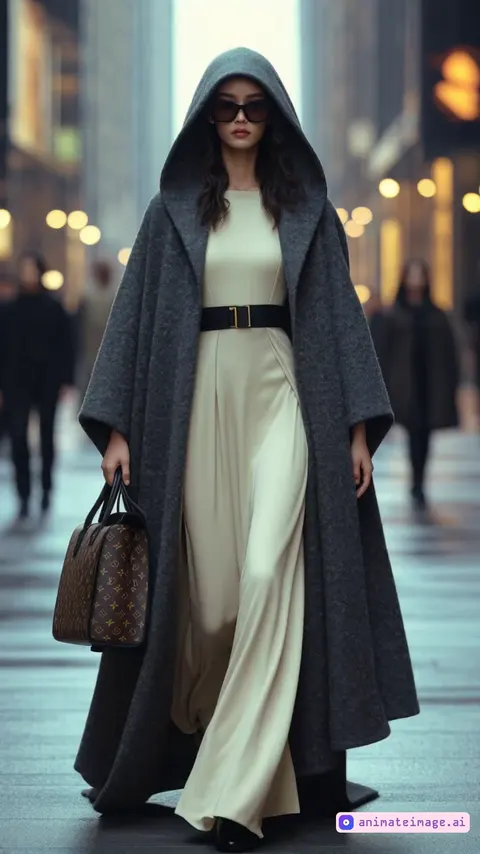 She walking elegant step forward.camera swirling in hyper-kinetic motions : 360-degree spins around his frenetic hands, crane shots rising sharply as she walking elegan.and close-up focus shifts between her face and her outfit