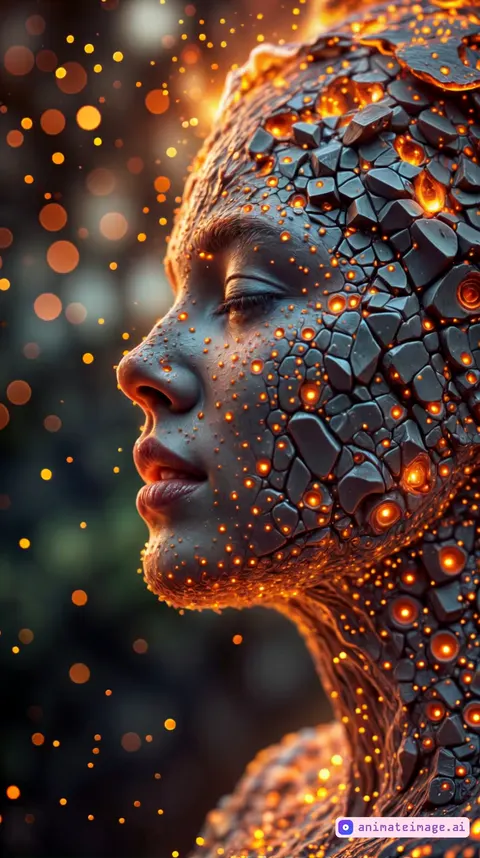 an interdimensional being with a fragmented, molten appearance. Start with a close-up of their glowing, cracked face as the fiery embers pulse and shift like living lava. The camera slowly rotates around, highlighting the intricate textures and radiating heat, with the glowing cracks expanding and contracting as if the being is breathing. In the background, soft, swirling lights and particles create an ethereal atmosphere, fading into an abstract void as the being’s form seems to dissolve into fiery energy