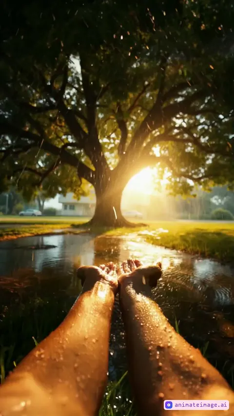 First-person perspective of someone sitting under a large tree, watching the summer rain fall. The camera starts with a close-up of the viewer’s hands, palms facing up as raindrops land and roll off. A gentle ambient sound of rain hitting leaves and the soft rumble of distant thunder fills the background.The camera tilts upward, revealing the canopy above, where droplets filter through along with the sun ray lights. Water drips from the edges of vibrant green leaves. Slowly, the camera pans to the left, showing the surrounding landscape—lush grass, puddles forming in small dips, and occasional ripples from falling drops. A subtle breeze moves the branches, sending a few droplets toward the viewer. The shot lingers on the sunny horizon, where the outlines of distant trees fade into the rain. The atmosphere is peaceful, with a warm glow in the sky. The camera gently shifts back to the hands before fading out, leaving only the sound of rain in the final moments