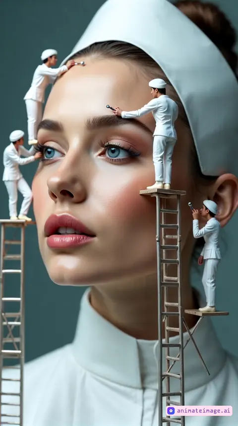 Miniature workers are all engaged in the process of improving the model's skin, actively moving their hands in which tools and aiming at the result. Some workers gently fix eyelashes with precise instruments. The second worker stroking the skin on the model's forehead with tiny rollers, third worker gently fix eyebrows. The model's emotions are calm and relaxed. She smiling very expressively, she looks at the camera. She is enjoying the moment of the cosmetic procedure and in anticipation of the final result. Her eyes blink anatomically correct every three second. Camera makes very very slow and gentle tilt up flyby to the left.