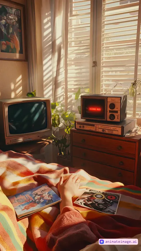 A first-person POV of waking up in a cozy 1980s Italian bedroom. Sunlight filters through half-open wooden shutters, casting golden light over a room filled with vintage posters of Italian musicians and Hollywood icons. A small CRT television sits on a wooden dresser, next to a stack of cassette tapes and a Walkman. A rotary phone is on a nightstand beside a glass of water. The bedding is colorful with a striped pattern, slightly messy. Your hands stretch out in front of you as you wake up, feeling the warmth of the sun on your skin. The air is filled with the faint scent of espresso from the kitchen.