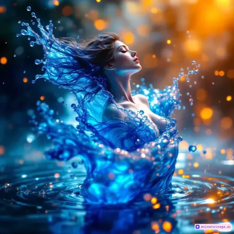 A mesmerizing, hyper-realistic cinematic animation of a mysterious liquid forming from pure darkness. It has a Form of a beautiful Girl, dancing. The liquid shimmers with deep blue light pulses, floating weightlessly in space. Droplets merge and separate seamlessly, creating hypnotic patterns. The lighting is soft yet dramatic, casting glowing reflections on the liquid surface. The camera moves slowly and gracefully, capturing every detail with smooth fluid physics.