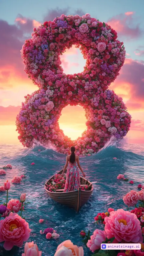 Create a surreal image where the ocean is made of millions of flowers (roses, tulips, peonies) and on the horizon is a huge number '8' made of waves and petals. In the foreground is a woman in a flower dress standing on a boat decorated with garlands. In the background is a sunset painting the sky in pink and gold tones. The style is dreamy and colorful, with an emphasis on the harmony of nature and man.
