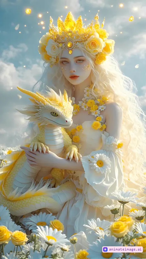 make the yellow stones in her crown light up and golden sparkles in the sky, she lowers her head and kisses gently the dragon on top of his head, wind blows behind her making her hair flow elegantly, and the flowers in front move and float as the wind blows
in 8k cinematic